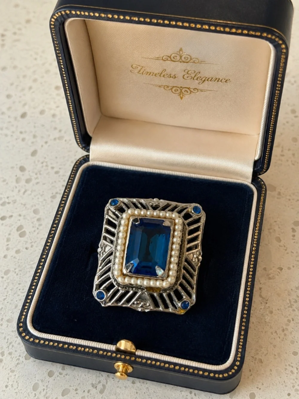Vintage Gold Tone, Pearl  And Blue Glass Brooch